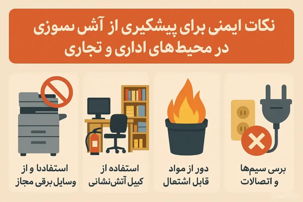نکات ایمنی برای پیشگیری از آتش‌سوزی در محیط‌های اداری و تجاری